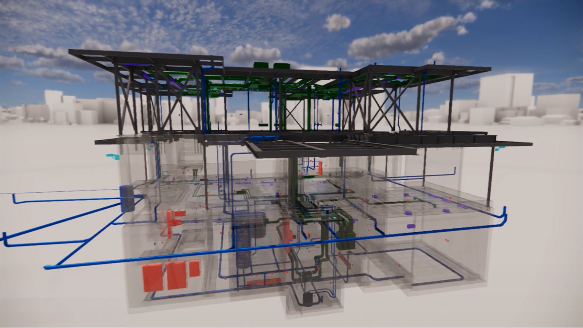 BIM model of a building structure with exposed pipes and systems highlights modern construction techniques under a partly cloudy sky—ideal for General Contractors in BC.